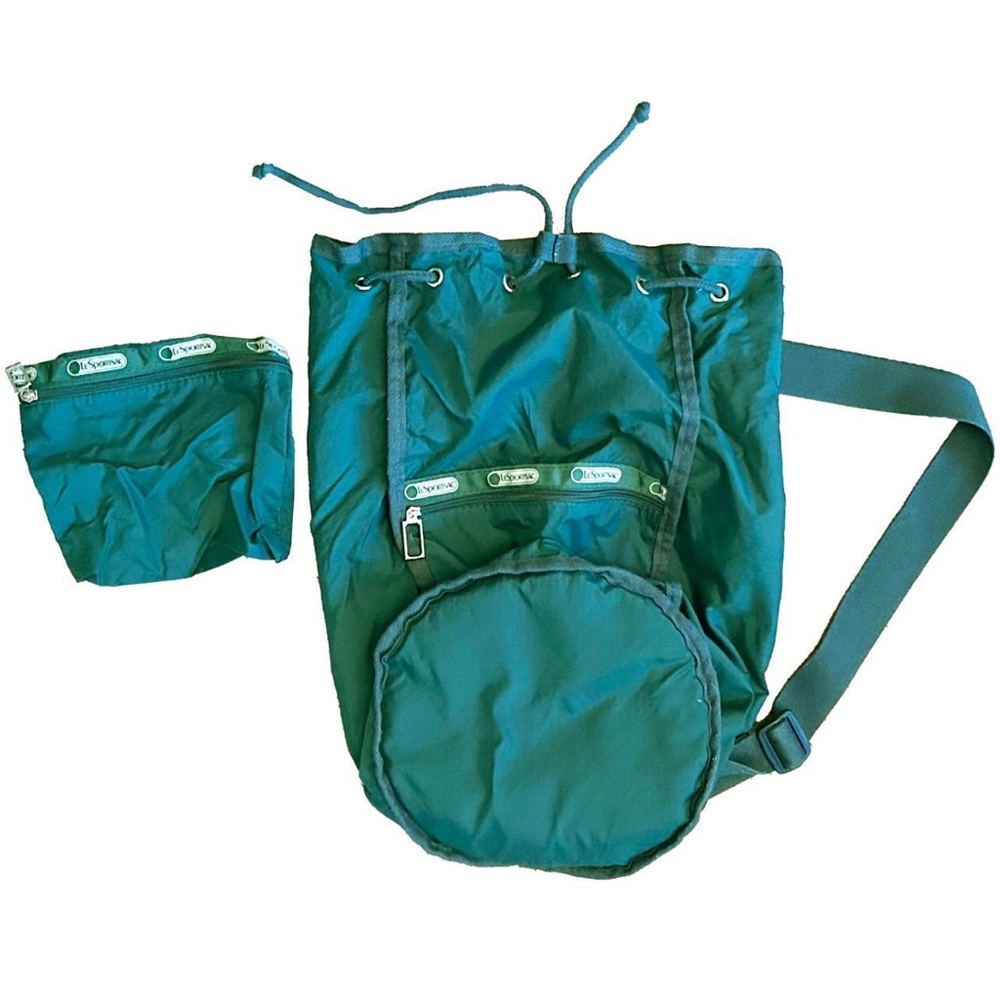 Vintage drawstring backpack by LeSportsac with matching zipper accessory pouch.